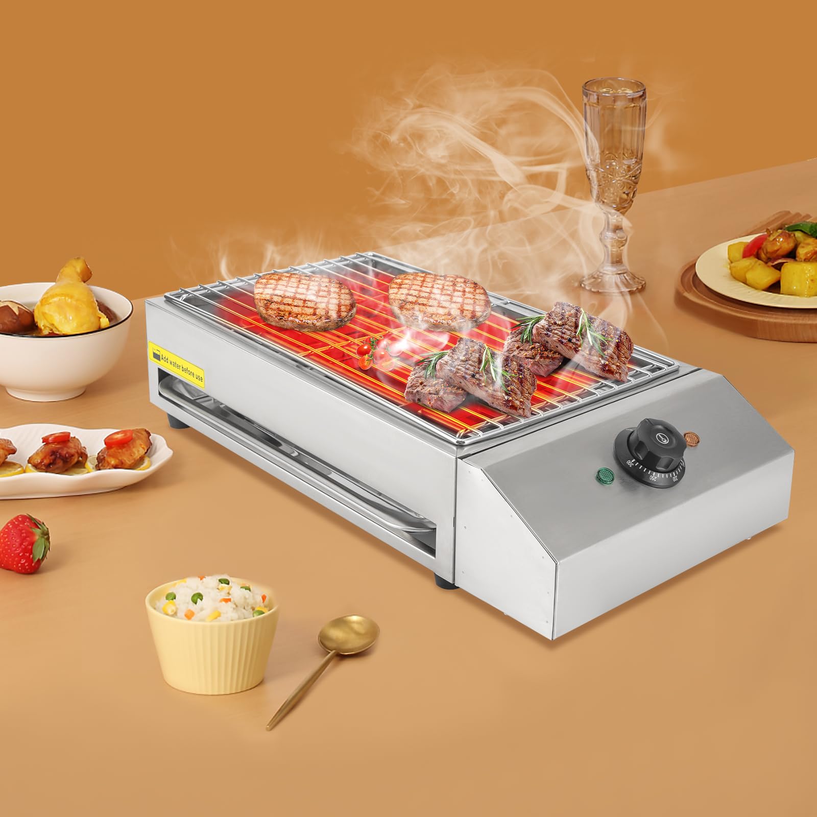 Barbecue elettrico da 220 V, 2,6 KW, 50 – 300 °C, temperatura regolabile, con griglia in acciaio inox rimovibile, per balcone, terrazza, interni, campeggio, 54 x 28 x 13,5 cm