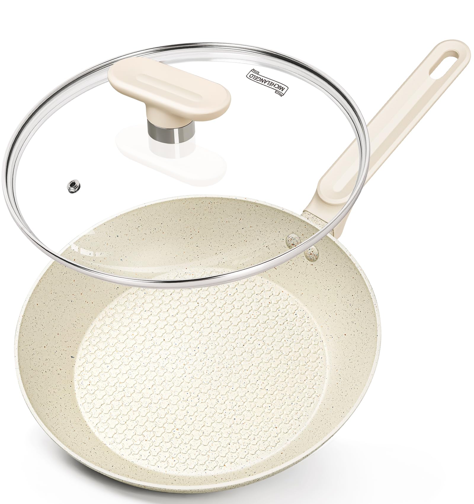 MICHELANGELO Frying Pan with Lid 26cm, Non Stick Pan, 26 cm Skillet with Nonstick Stone Coating, Healthy & Non-Toxic Granite Frying Pans, Compatible for Induction, Cream White