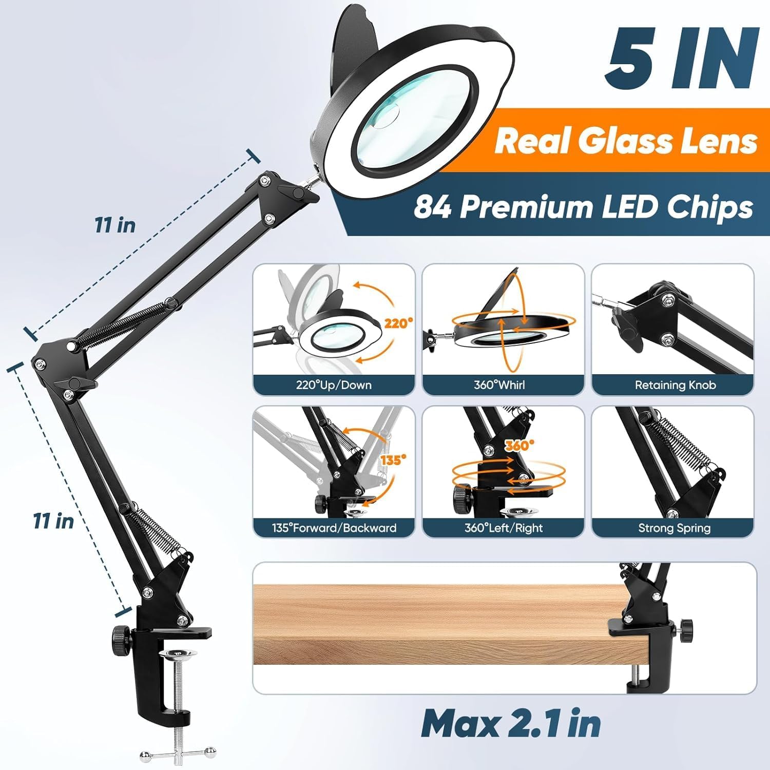 Upgraded 15X 10X Magnifying Glass with Light and Dust Cover, Clamp on Lighted Magnifier 84 LED 5 Color Dimmable Hands-Free Magnifying Glass Desk Lamp for Reading Craft Hobby Close Work