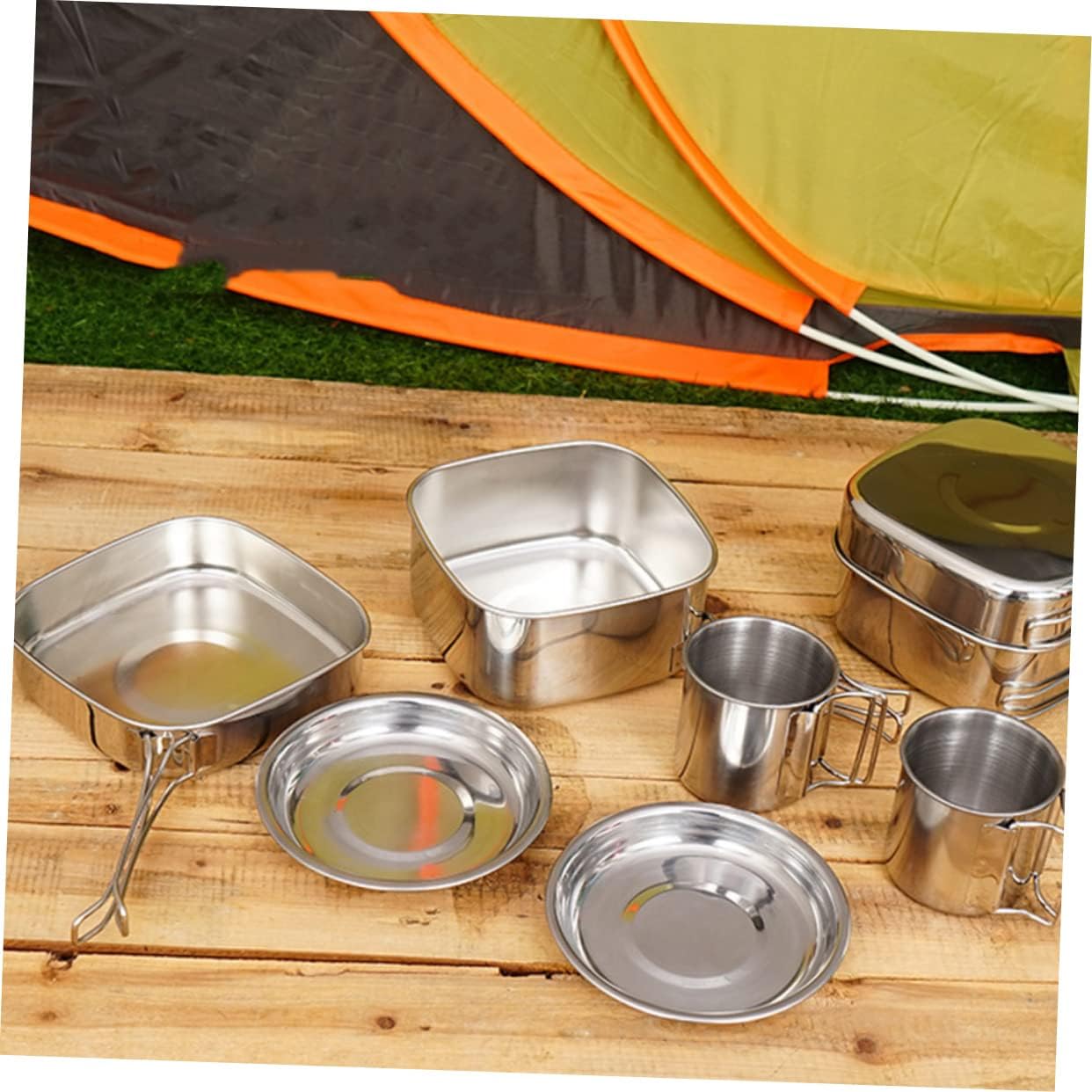 POPETPOP 6-Piece Outdoor Camping Cookware Set Portable Stainless Steel Pots and Pans for Backpacking Hiking and Picnics