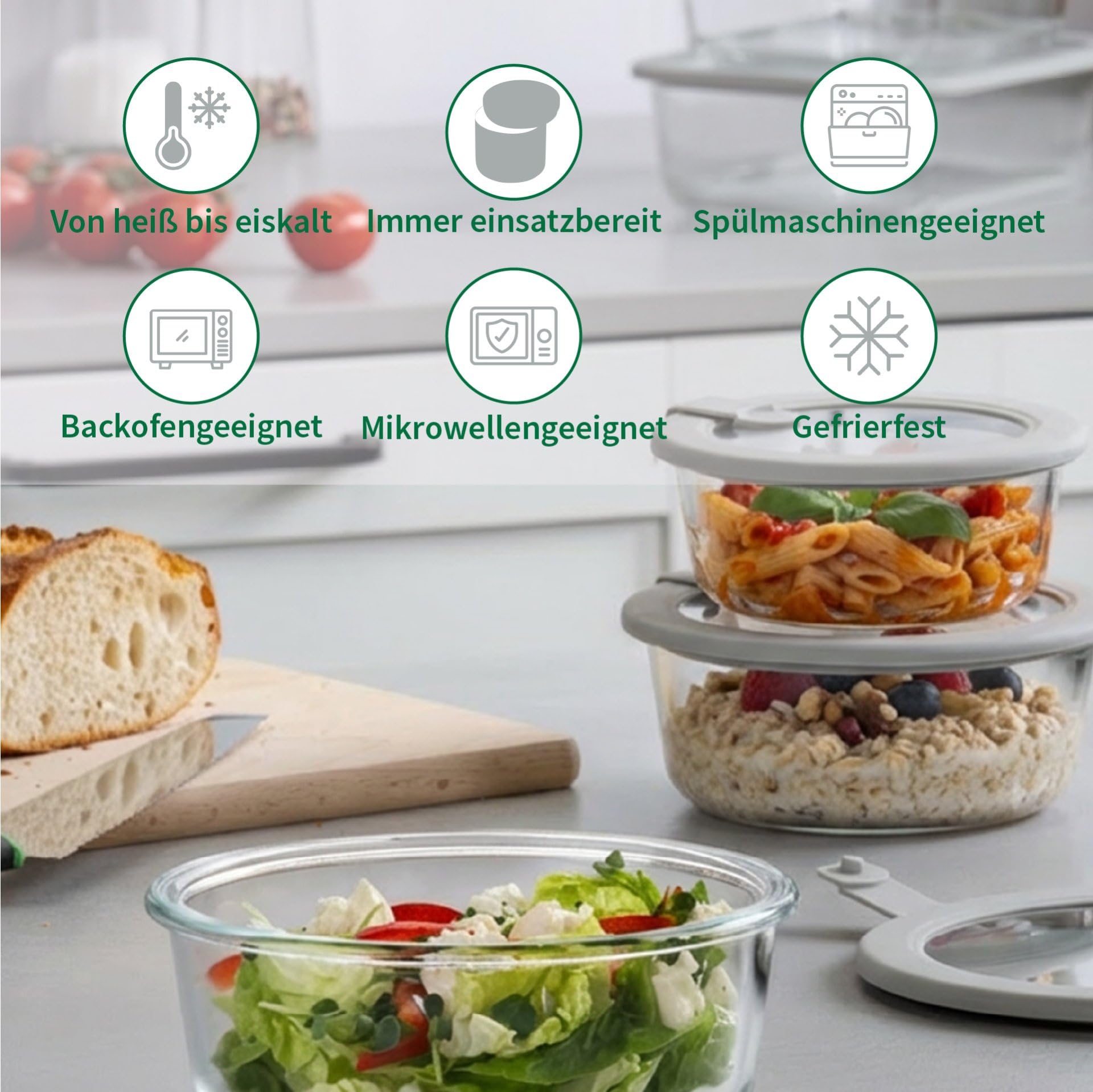 FACKELMANN Chefkoch trifft 4er Set Vorratsdose mit Glasdeckel – 950ml, Frischhaltedose aus Borosilikatglas, rund, mikrowellen-, backofen- und gefrierfest, luftdicht & auslaufsicher