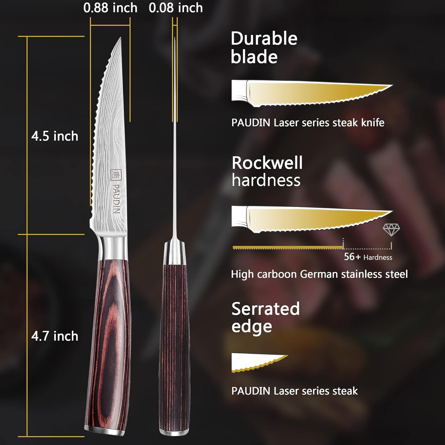 PAUDIN Steak Knives Set of 6, Kitchen Steak Knife 4.5 Inch, High Carbon Stainless Steel Steak Knives, Serrated Steak Knife with Pakkawood Handle, Dinner Knives with Gift Box