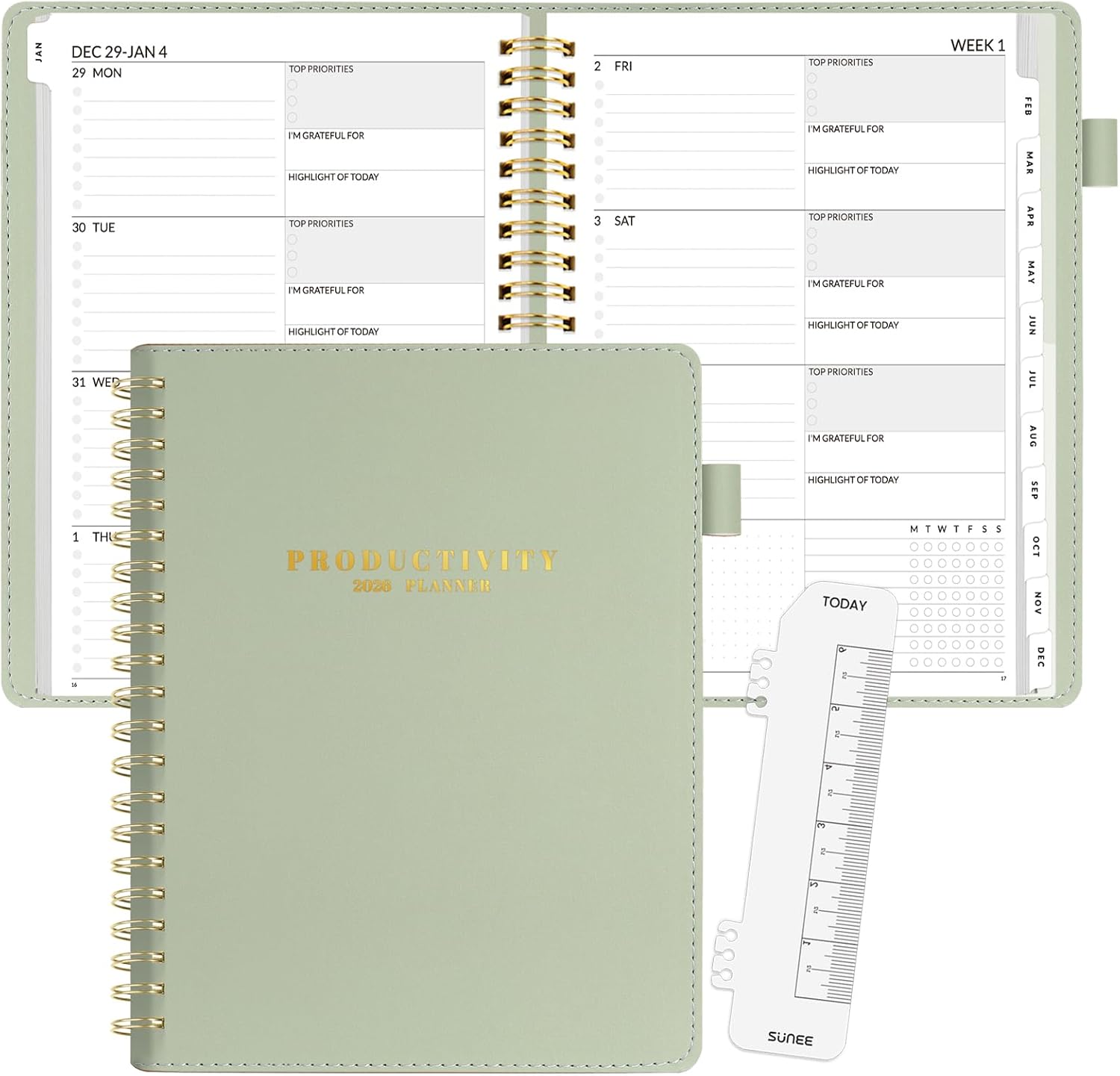 SUNEE 2026 Planner 8.5" x 11"  Dated Productivity Planner for Time Management - Daily,Weekly & Monthly Planner to Achieve Goals - Dated from January 2026  December 2026,Grey Green
