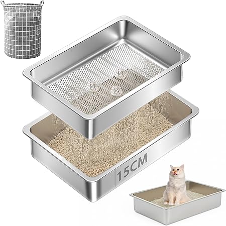 Stainless Steel Sifting Cat Litter Box for Clumping Litter, Kitty Large Metal Sifter Tray Pan with Cat Litter Bag, Low Dust, Odor Control, Easy Cleaning (40 * 30 * 15)