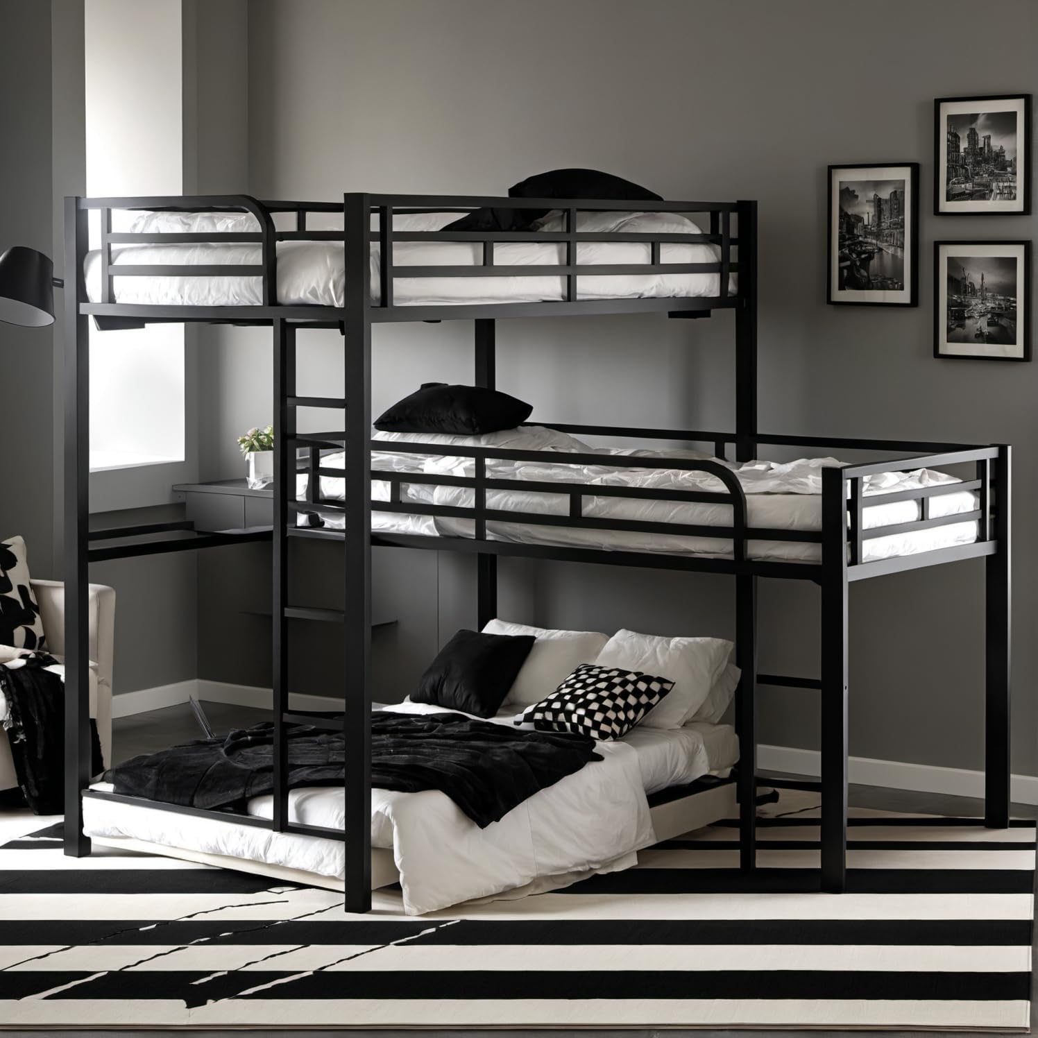 DNYN Twin Over Twin L-Shaped Bunk Bed with Loftbeds Design for Kids Bedroom,3 in 1 Metal Bedframe w/Ladder & Safety Guardrails,Easy Assembly & Super Save Space & No Box Spring Needed, Black