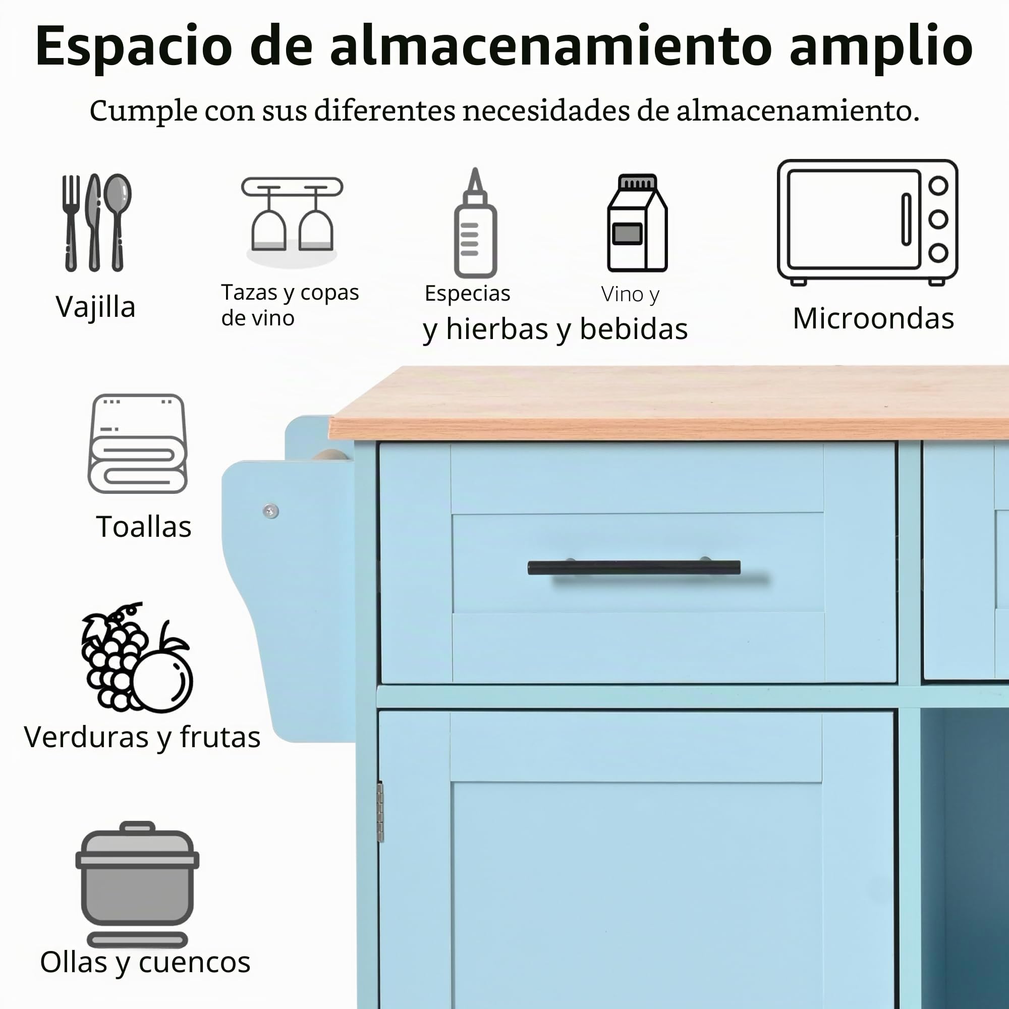 Carro de cocina con ruedas, gran carrito de comedor/aparador, en vetas de madera maciza, armario de cocina con encimera plegable, puerta de almacenamiento, patas de madera maciza intercambiables,
