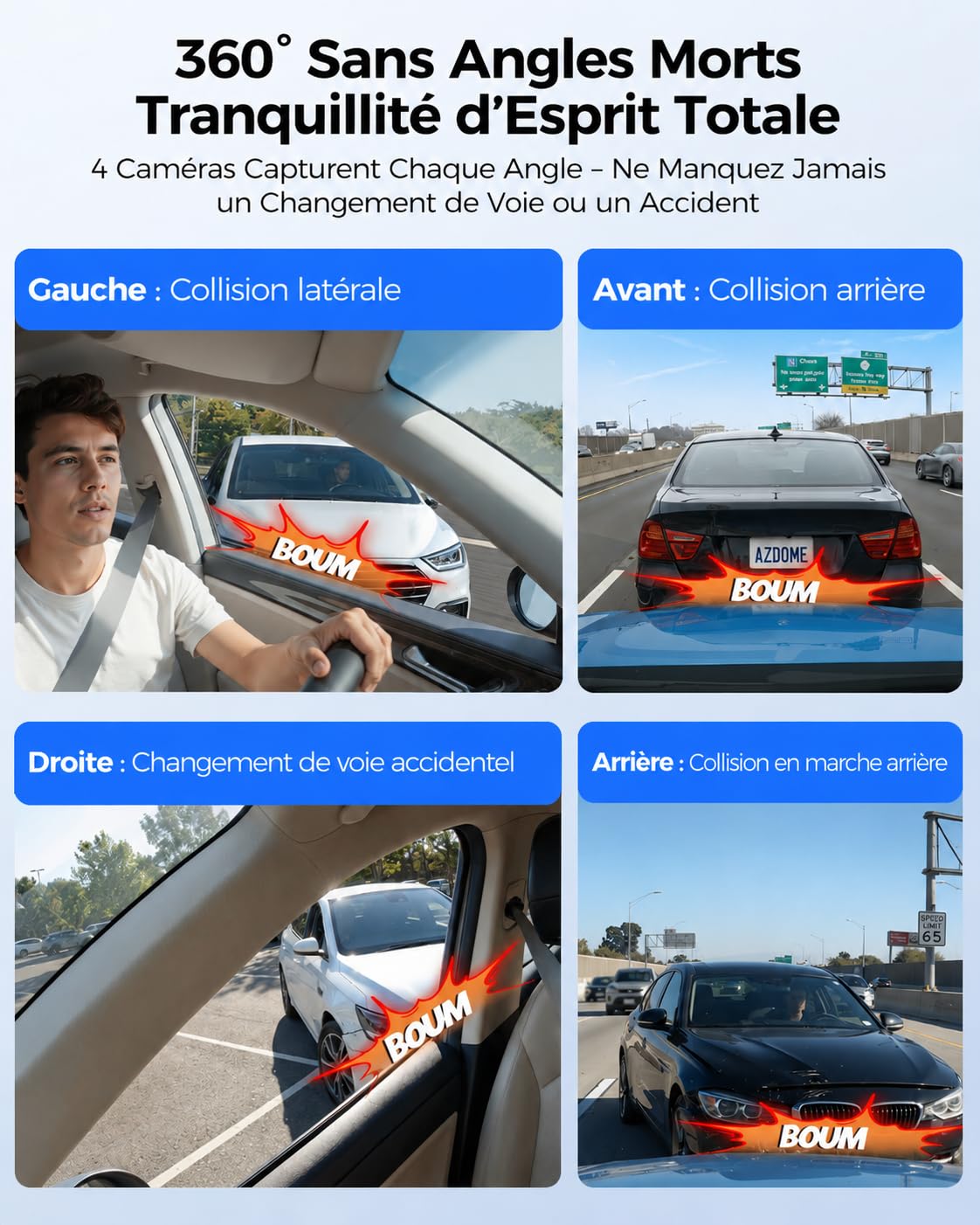 AZDOME 4-Canaux Dashcam Voiture, 360 degrés Camera Voiture Avant Arriere avec 128GB eMMC, 2.5K+3x1080P Caméra avec 5G WiFi GPS, Vision Nocturne IR, Contrôle Vocale, Mode Stationnement 24H (M660)