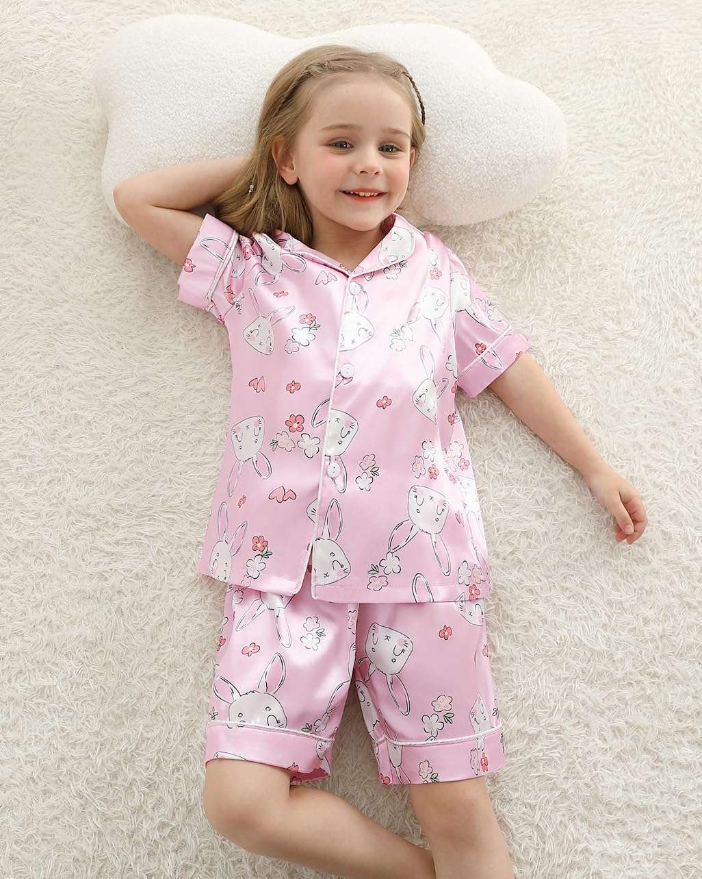 Weixinbuy Toddler Silk Pajamas Short Sleeve Button-Up Summer Pjs for Girls Boys Satin Pajama Sleepwear Set 2-7 Years - Image 3