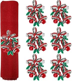 Set of 6 Christmas Bell with Holly Berry Leaves Napkin Rings, Glitter Metal Xmas Napkin Ring Holders for Cloth Napkins, Christmas Holiday Party Dinner Table Decoration(Round)