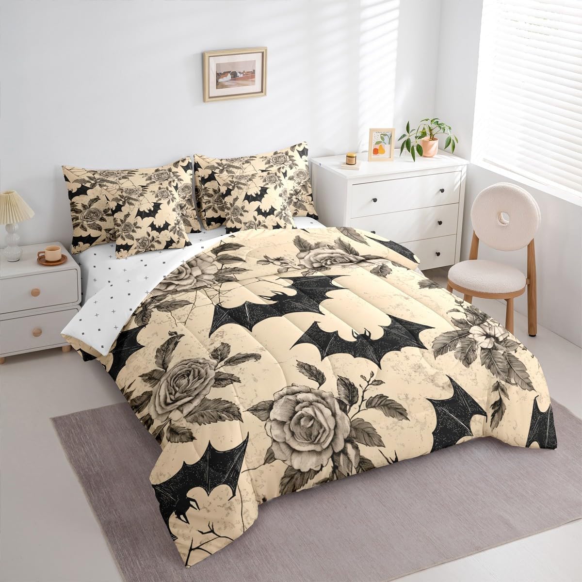 Erosebridal Spider Web Bat 7 Piece Bedding Set Queen Retro Rose Leaves Comforter Set with Sheets Gothic Florals Halloween Bed in a Bag Wildlife Yellow