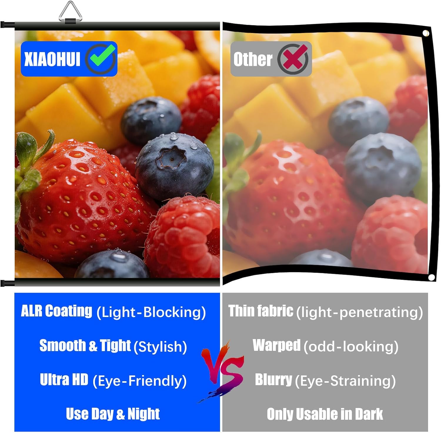 100 inch Projector Screen, Xiaohui Portable Movie Projector Screen for Indoor Outdoor, 4K Hanging ALR Projection Screen for Room Wall, Home Theater, Backyard, 16:9 HD