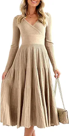 Women's Long Sleeve Midi Sweater Dress with V-Neck and Pleated A-Line Hem