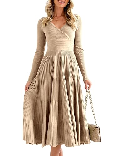 Womens Long Sleeve Midi Sweater Dress Wrap V Neck Pleated
