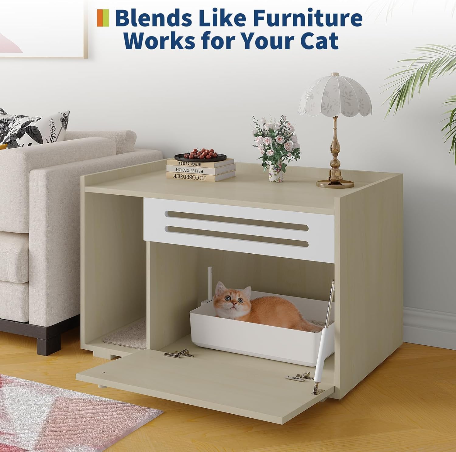 Mobiletto Copri Lettiera per Gatti - Design Moderno, Ampio e Ventilato - Sportello a Ribalta, Privacy Garantita, Facile da Pulire - Colore Legno Naturale