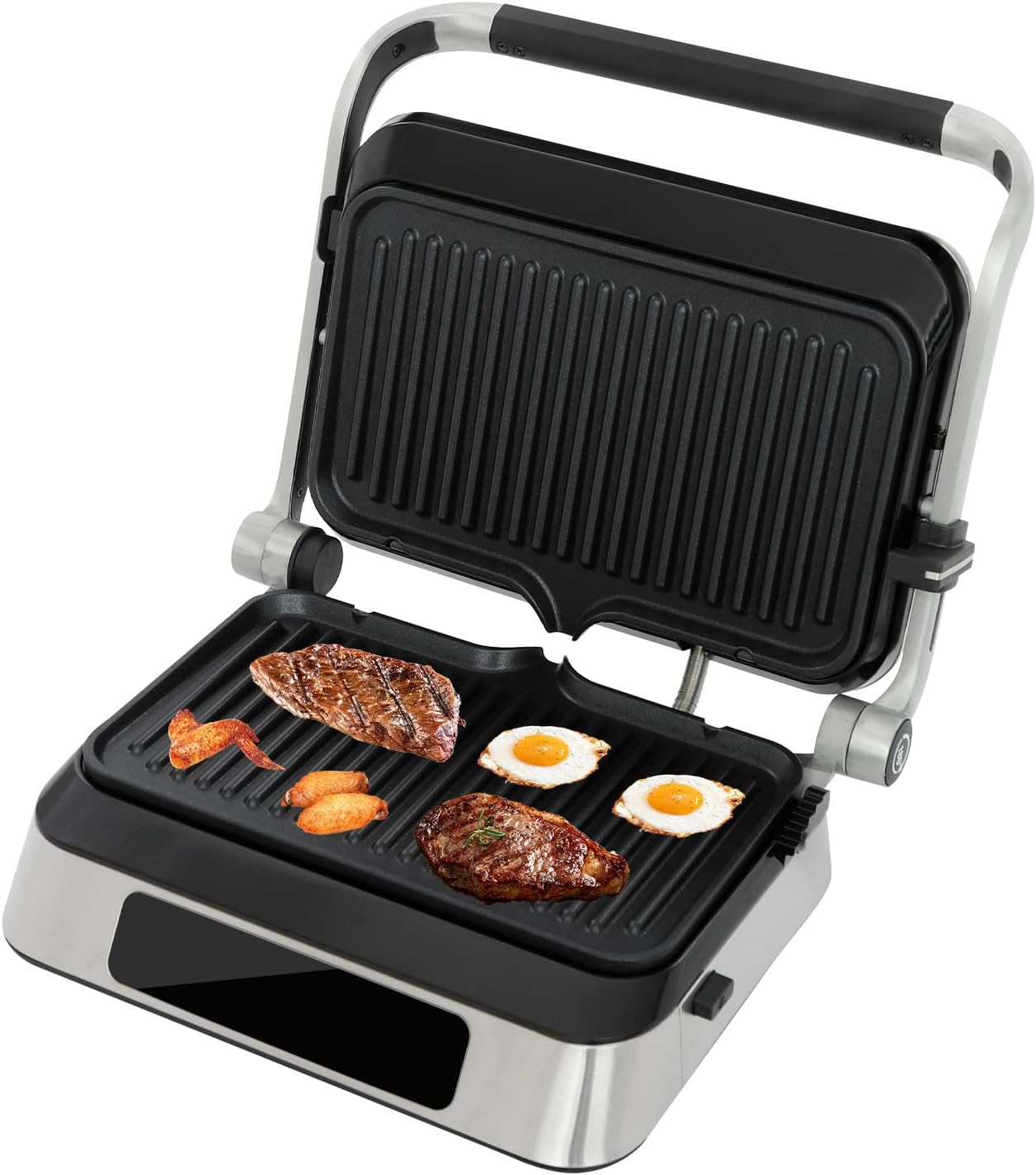 Panini Press Grill and Griddle,Stainless Steel Sandwich Maker & More,Grill Press Sandwich Maker,Removable Non-Stick Baking Trays,LED Display,0-446℉ Adjustable Temp Control