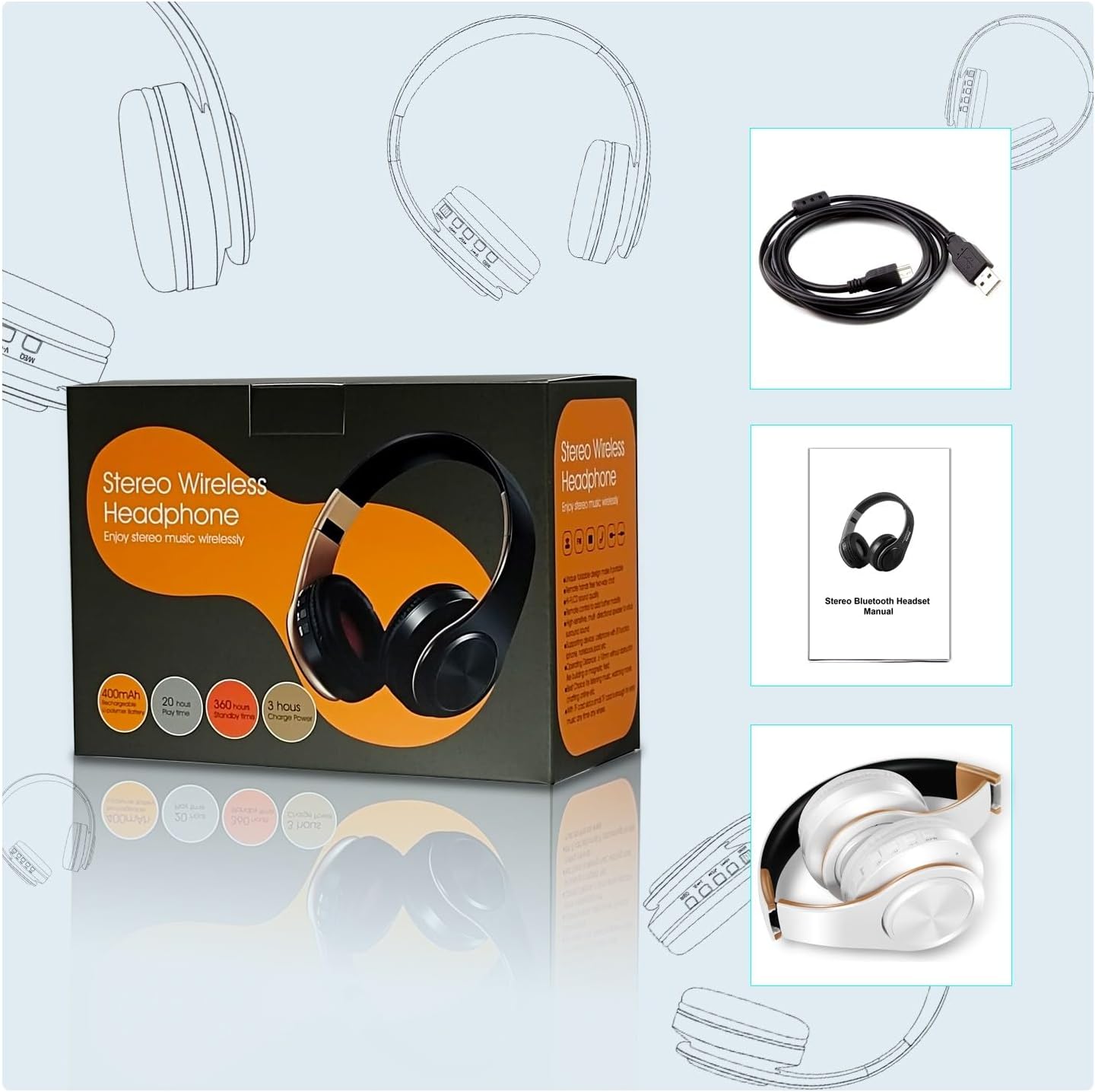 Bluetooth Headphones, Chat- Comfortable Over Ear Stereo Headphsets with Mic, Soft Earmuffs/Foldable/SD/TF, 20H Playtime, Great for Music/OFC/Tour/Gym/Game (2pcs Gold Colors)