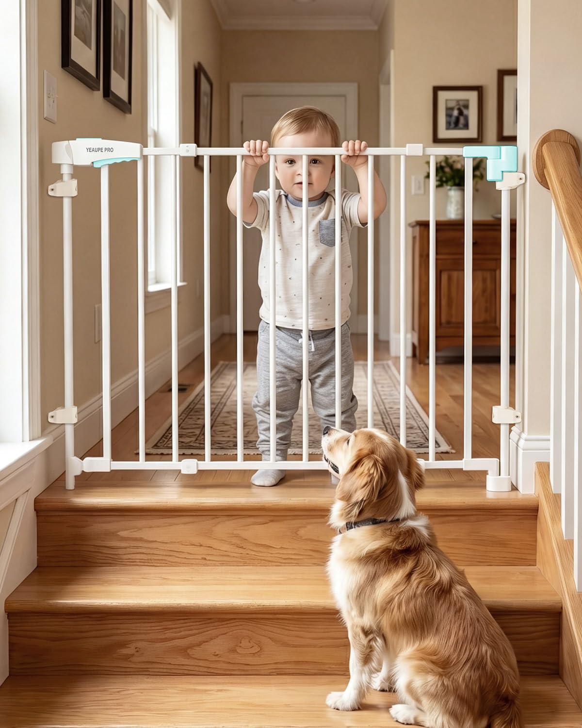 YEAUPE PRO Barrera de Seguridad Escalera Extensible de Metal, 75-110 CM, para Taladrar, Valla de Seguridad Infantil, Barrera de Escalera para Bebés y Niños Pequeños, Puerta de Seguridad, Blanco