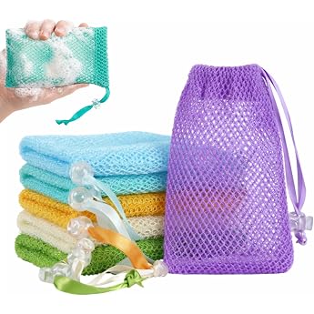 Pack of 6 Soap Bags with Drawstring Double Layer Soap Bag for Solid Soap for Showering - Creates Rich Foam Dries Quickly & Saves Soap Ideal for Travel Camping Fitness Study