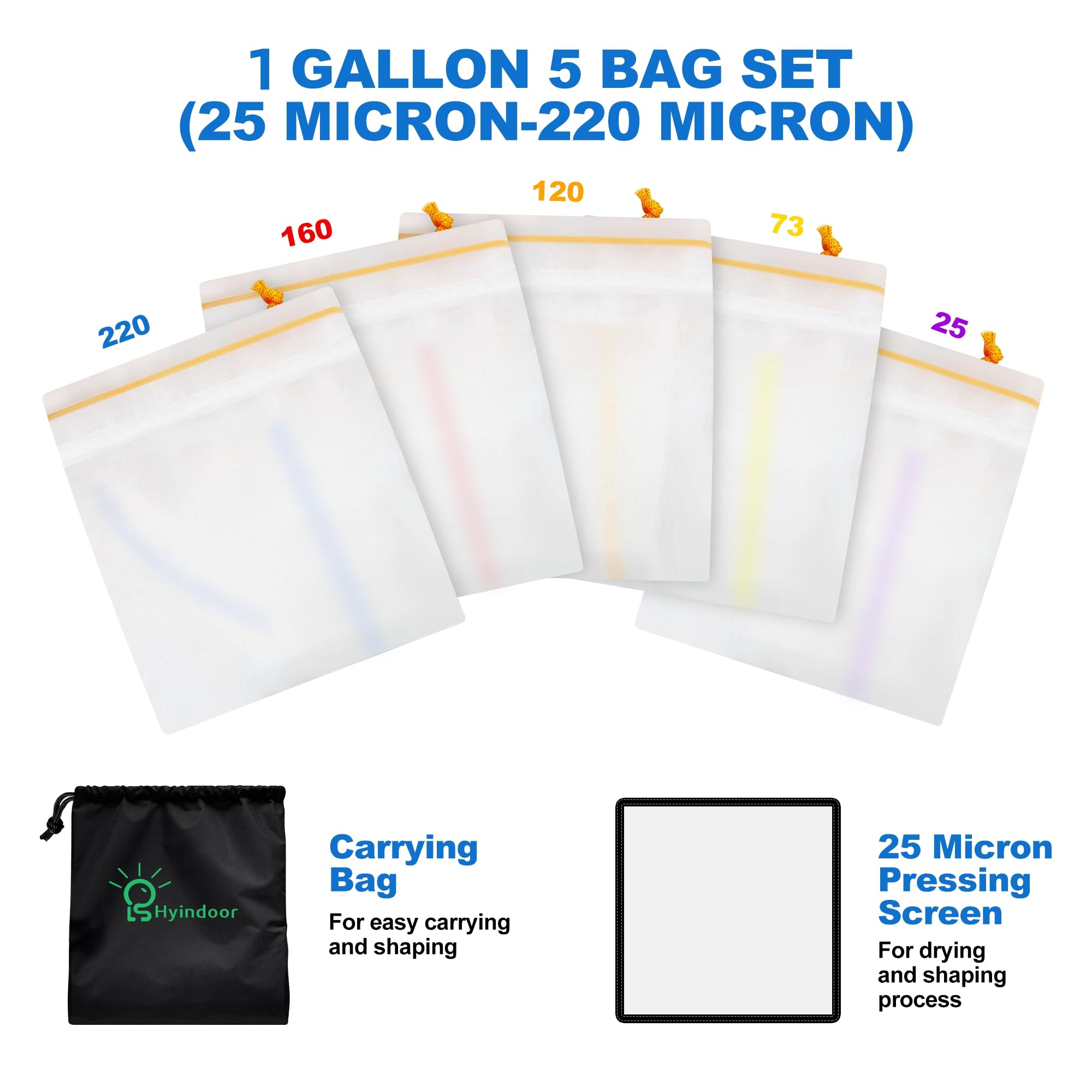 Hyindoor Bubble Bags All Mesh 1 Gallonen 5 Bags Set Bubble Hash Bag Ice-O-Lator Herbáceas EIS Essenz Extractor Kit con colador de prensa y bolsa de transporte para extracción de hierbas y producción