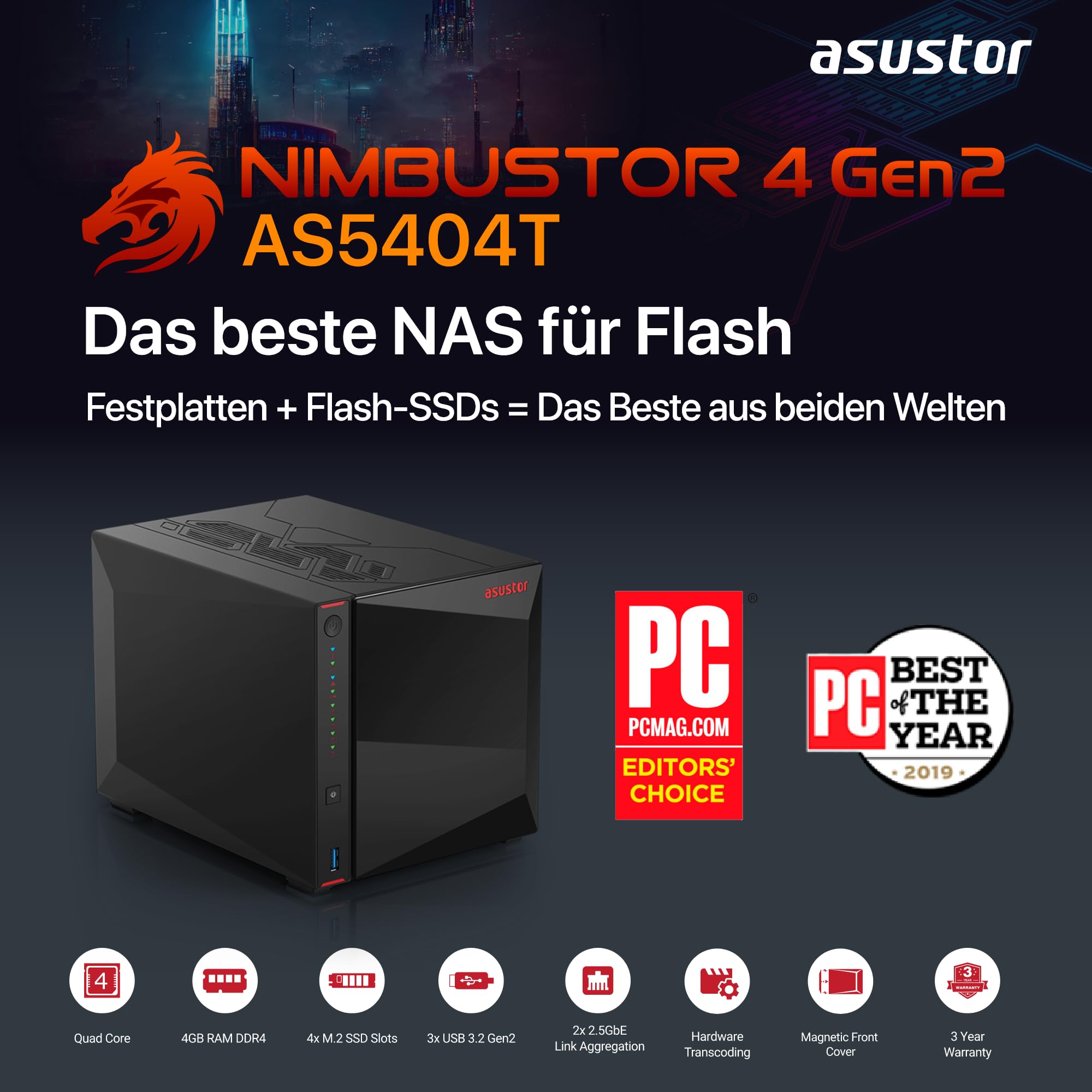 Asustor AS5404T Nimbustor 4 Gen2-4 Bay NAS Netzwerkspeicher Gehäuse, Quad-Core 2,0GHz CPU, 4xM.2 NVMe SSD Steckplätze, 2x2,5GbE Anschlüsse, 4GB DDR4 RAM, Gaming-Inspirierten NAS