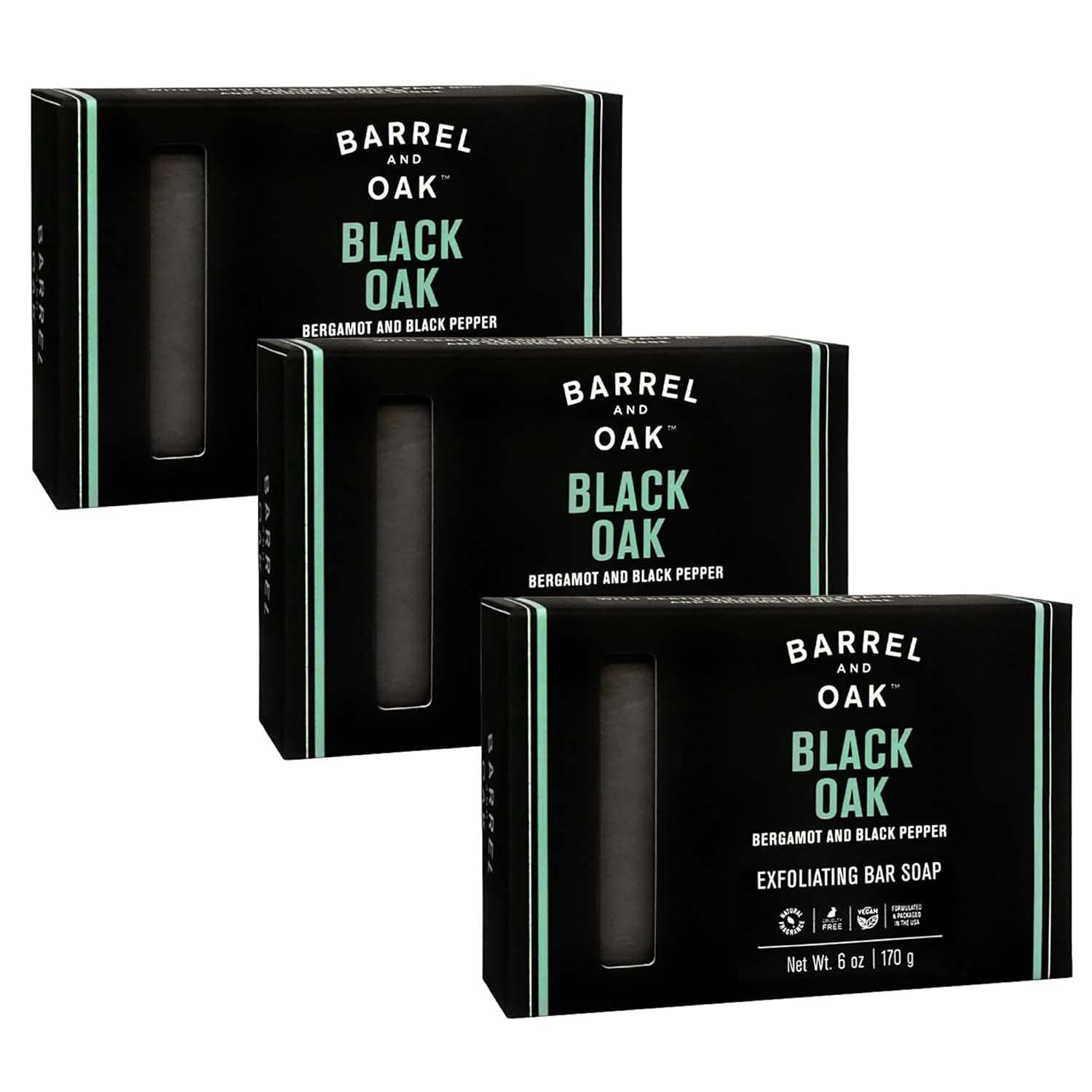 Barrel & Oak Exfoliating Bar Soap for Men, Kaolin Clay with Charcoal, Walnut Shell Powder, Olive Stone, and Essential Oils, Long-Lasting Bar Soap, Vegan, SLS-Free, Black Oak, 3-Pack
