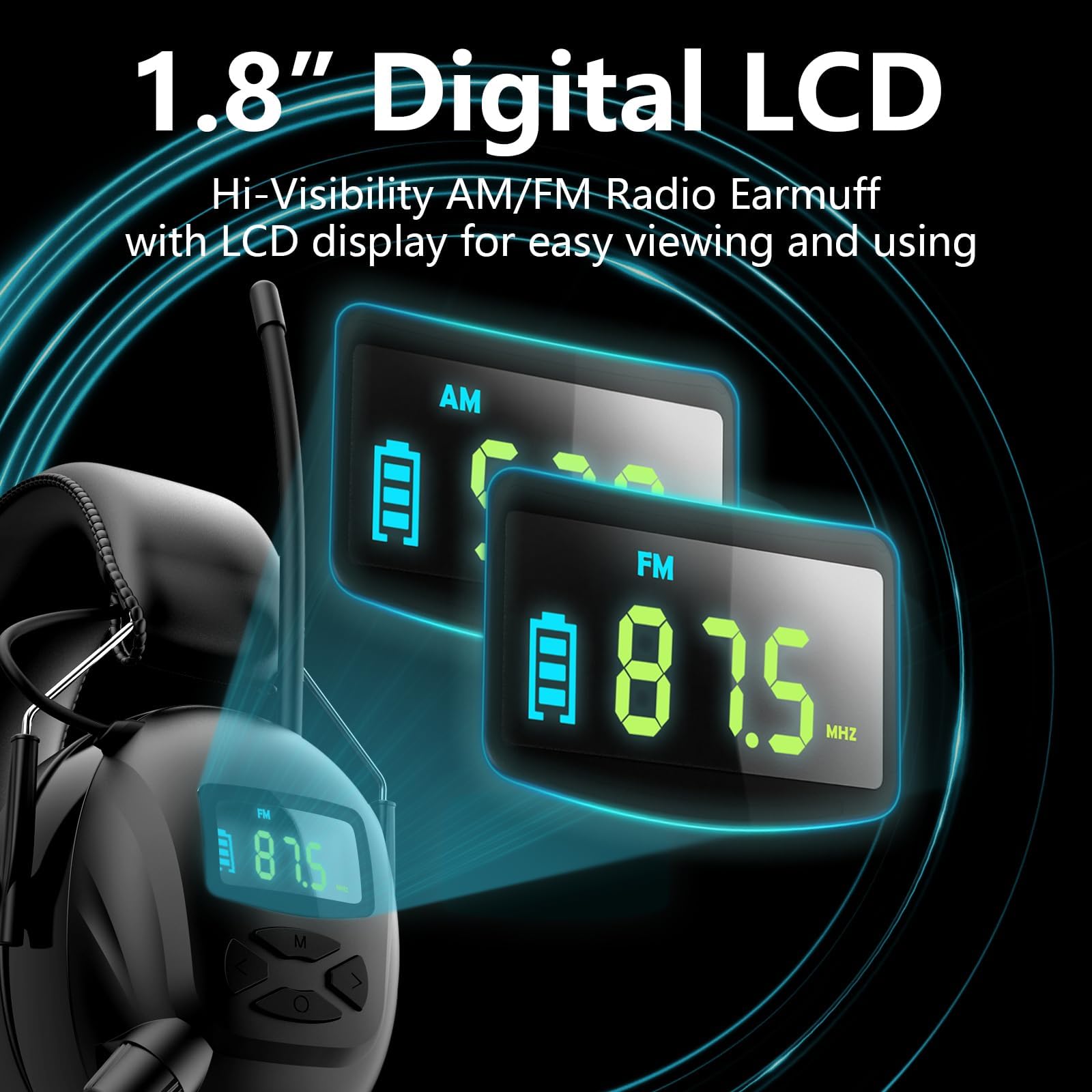 Cuffie radio AM FM con display digitale, tempo di lavoro 120 ore, paraorecchie ricaricabili per protezione dell'udito, riduzione del rumore SNR 30 dB, paraorecchie di sicurezza per falciatura