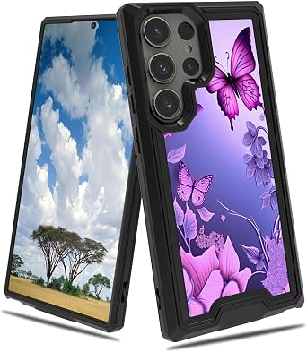 for Samsung Galaxy S25 Ultra Case 2 in 1 Dual Layer Hard PC Soft TPU Shock Proof Drop Protective Phone Case for Samsung Galaxy S25 Ultra 5G 6.8 inch 2025 - Pink Flowers Purple Butterflies