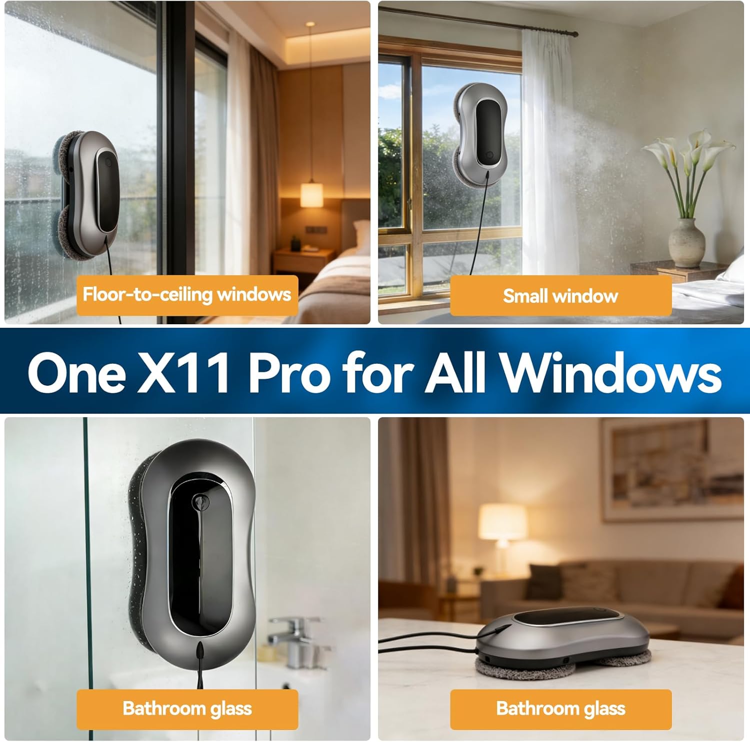Window Cleaning Robot X11 Pro with Dual-Spray System 70ml Water Tank 3000Pa Strong Suction Auto Edge Detection 2 Cleaning Modes Remote Control for Frameless & Framed Glass