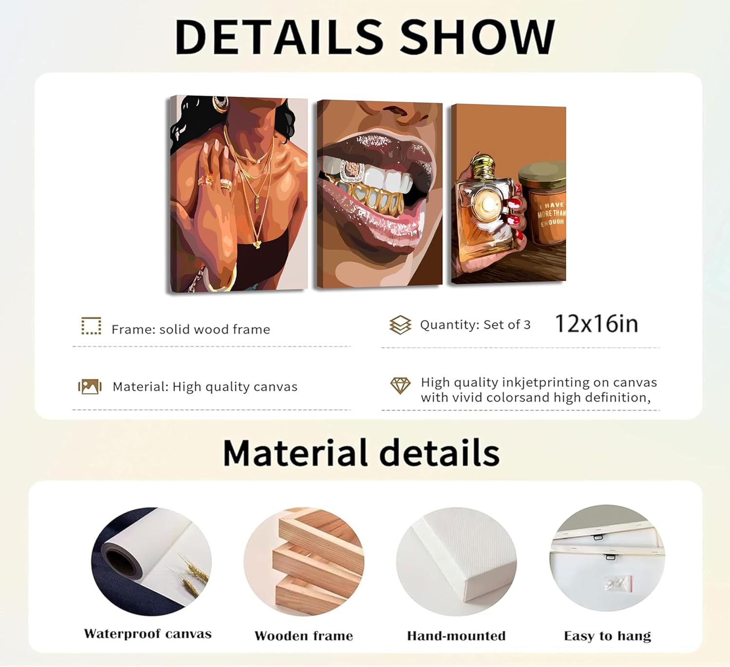 3Pcs Trendy Black Girl Canvas Wall Art Fashion African American Women Pictures Abstract Luxury Female Poster Prints Painting Wall Decor for Living Room Bedroom Bathroom 12x16in Framed