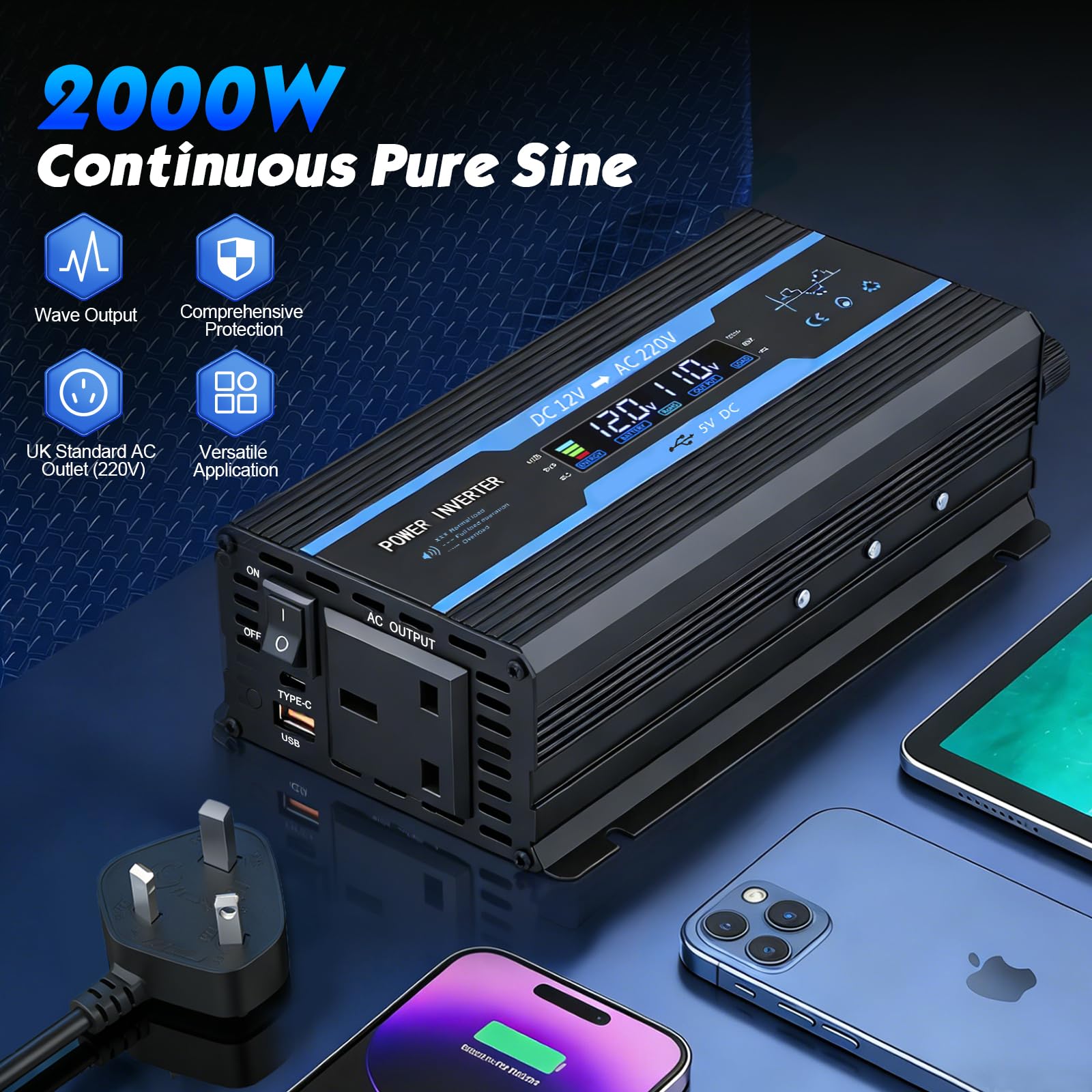 2000W Power Inverter 12V to 240V with LCD Display, 2 UK Sockets & USB Port, Modified Sine Wave Car Inverter for Camping, RV, Truck, Home Use – High Efficiency >95%, Safety Protections (Blue) - 5