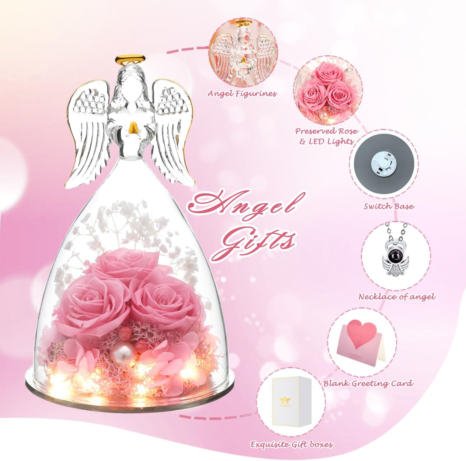 Birthday Gifts for Her, Glass Angel Figurine with Three Rose Gifts, Preserved Forever Real Rose Gifts for Women, Angel Guardian with Rose, Gifts for Valentine Mothers Day - Image 4