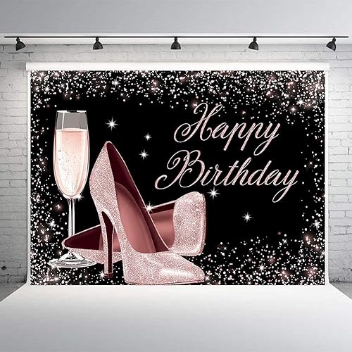 Miniatura 2 de Telón de fondo de feliz cumpleaños con purpurina de oro rosa, tacones altos, fondo de fotografía de copa de champán para mujeres adultas, decoración