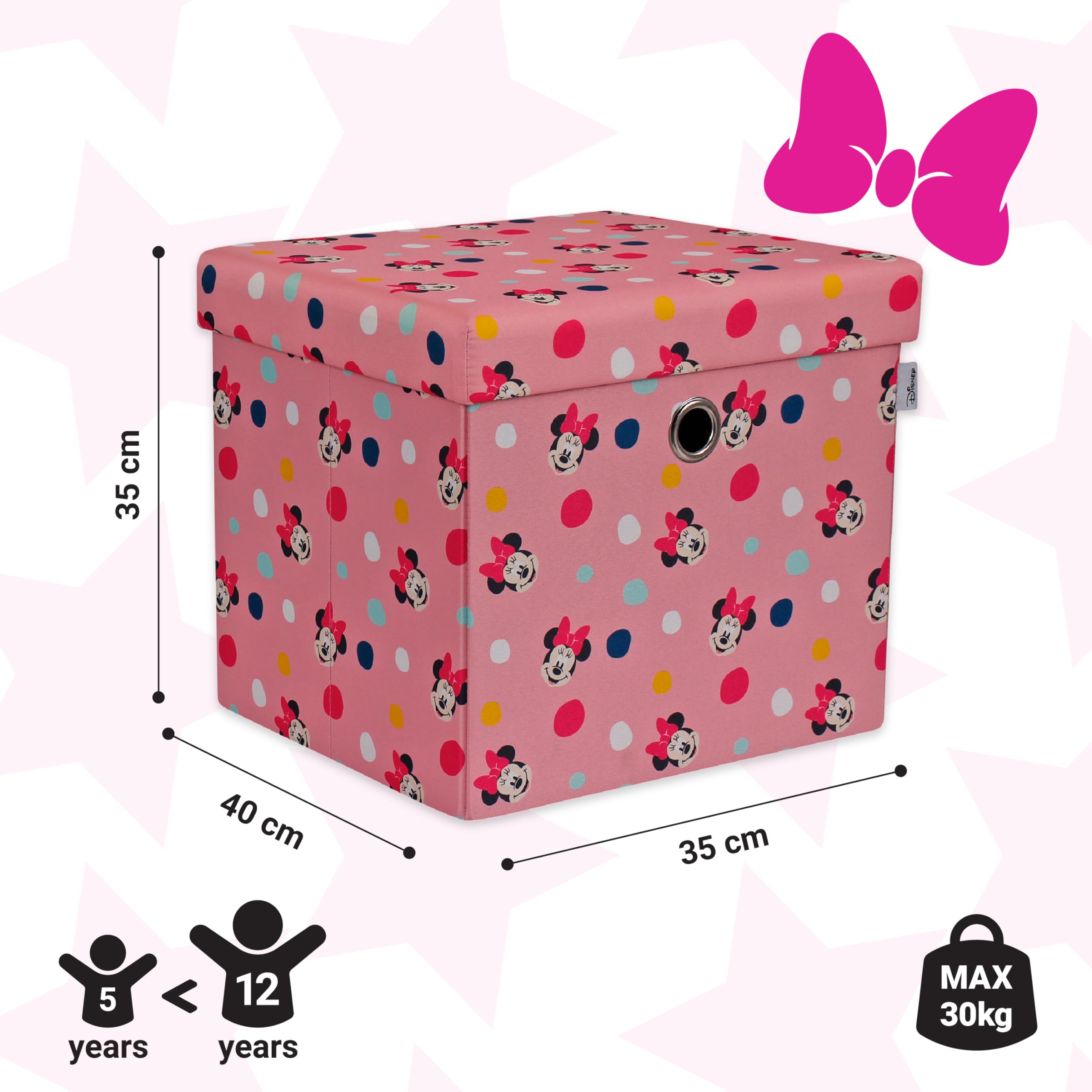 Disney Classic Minnie Mouse Caja de almacenamiento plegable con diseño de otomana, cofre de juguetes cuadrado con tapa para niñas, taburete para los pies, puede soportar hasta 30 kg, rosa