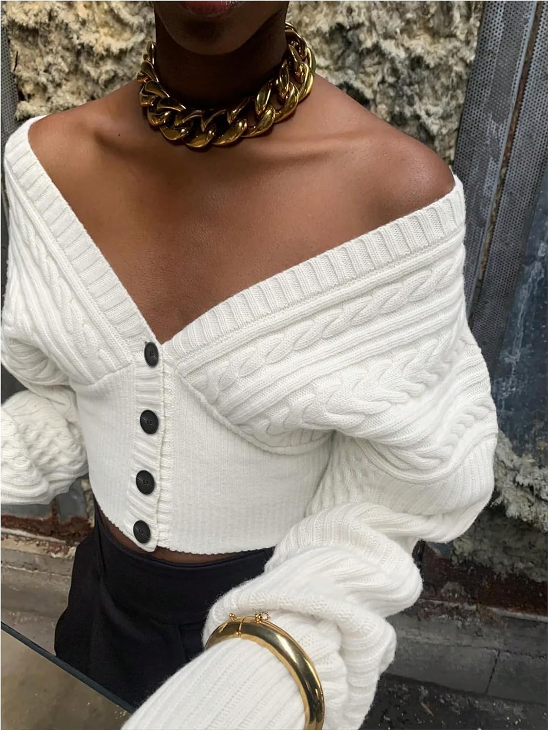 Women's Off Shoulder Cable Knit Cardigans Button Down Cropped Sweater Fall Tops - Image 2