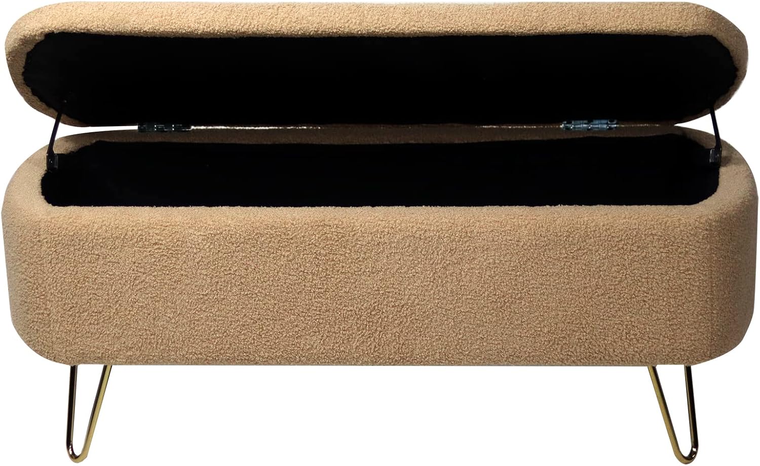 Mordern Storage Ottoman for End of Bed, Faux Fur Entryway Bench with Gold Metal Legs for Living Room Bedroom, Camel