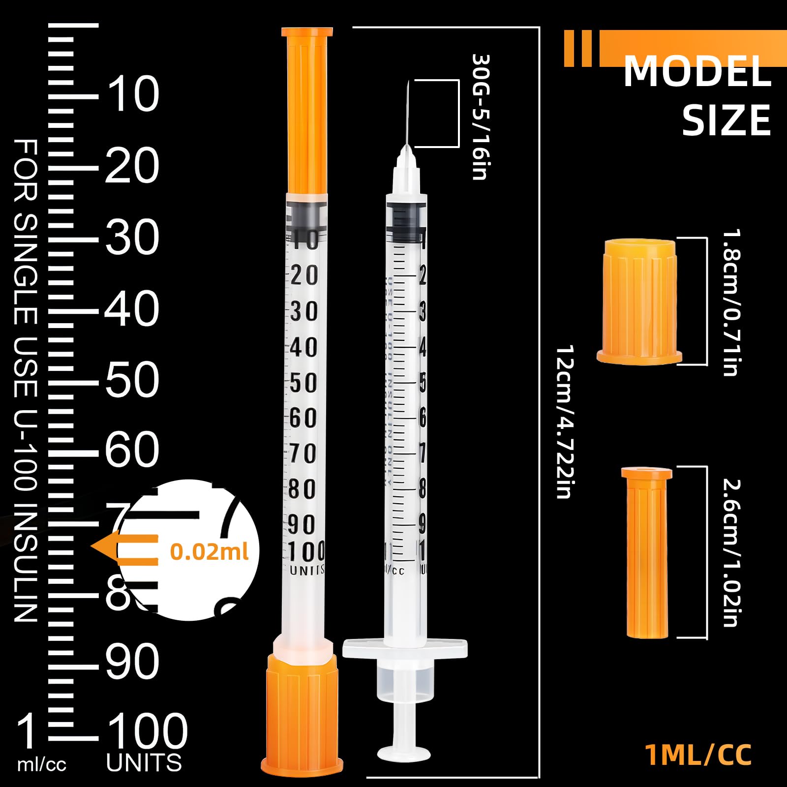 50 Pack U-100 Syringes 30G 1ml/cc 5/16" (8mm), Disposable Syringe for Scientific Lab, Individually Wrapped — Amazon image 2