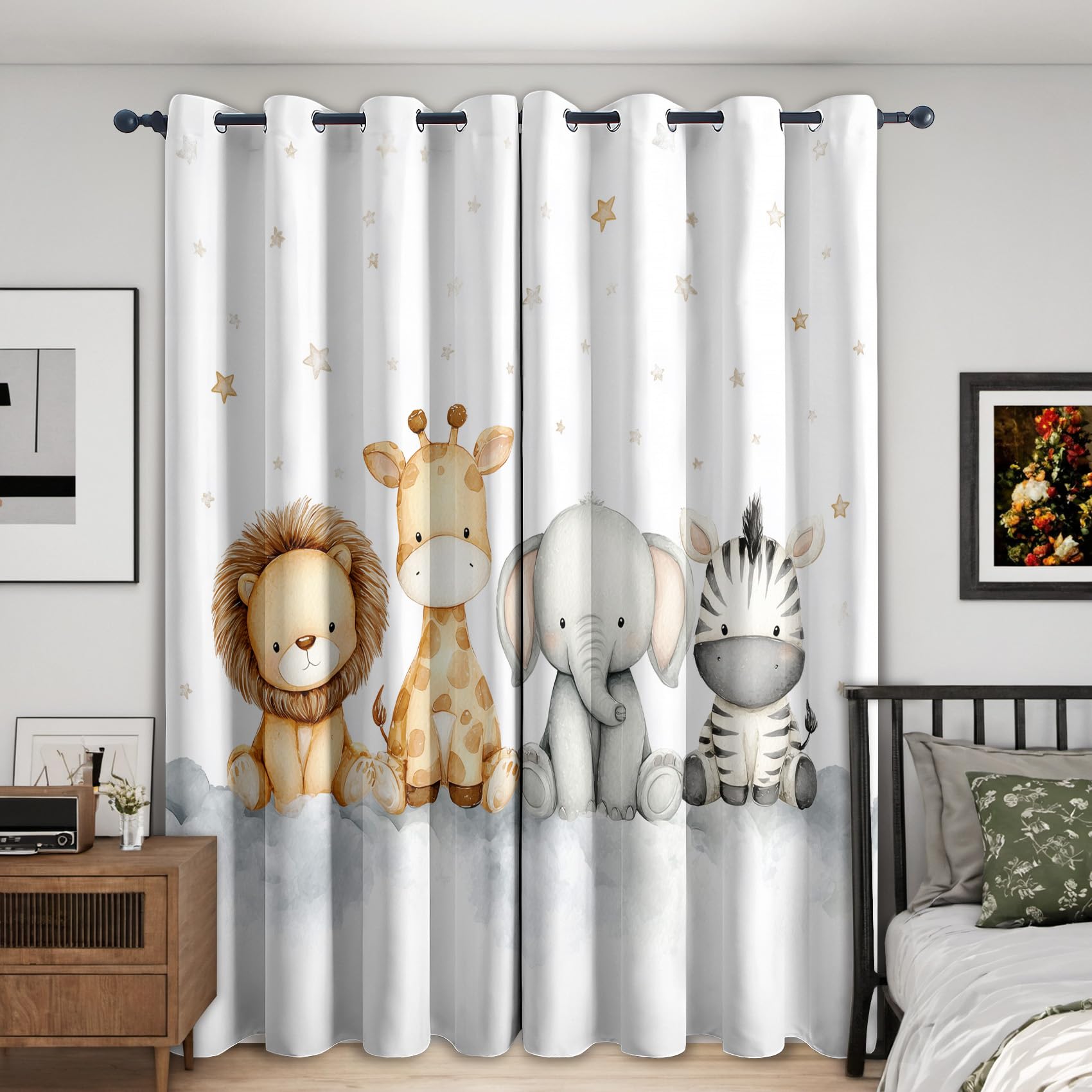 Generisch Kinder Safari Gardinen Blickdicht 2er Set, Vorhänge Löwe Giraffe Elefant Cartoon Motiv mit Ösen, Wohnzimmer Schlafzimmer Deko, Thermovorhang Verdunkelung, H 245 x B 140 - J332