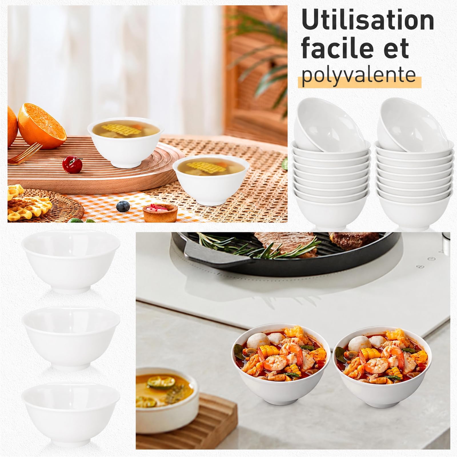 Lot de 36 Bols en Mélamine Blanche, 250 ml, Empilables et Réutilisables | Petits Bols Résistants aux Chocs, Compatibles Lave-Vaisselle, pour Céréales, Soupe, Riz, Dessert et Camping