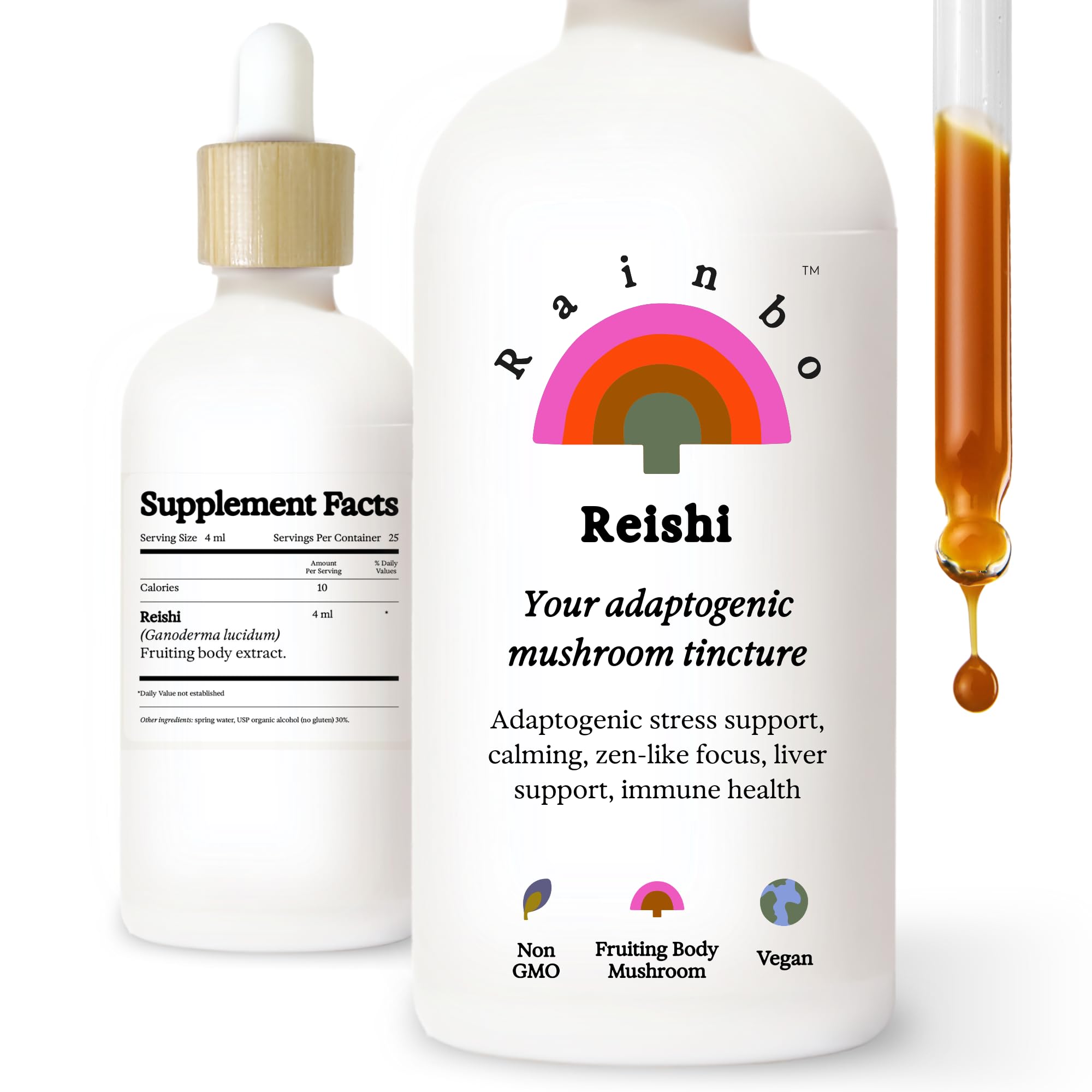 Rainbo - Reishi Mushroom Tincture - Dual Extract Mushroom Supplement - Immune Support, Mood, Sleep, Liquid Reishi Supplement, Vegan, Non GMO, 3.4 fl oz