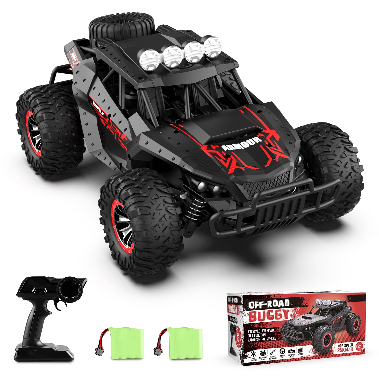Remote Control Car for Kids 2.4Ghz Rechargeable Batteries 70 mins Play Time, 25 Km/h Monster Truck 1:16 Off-road All-terrains Hobby RC Car Professional Gift for Kids
