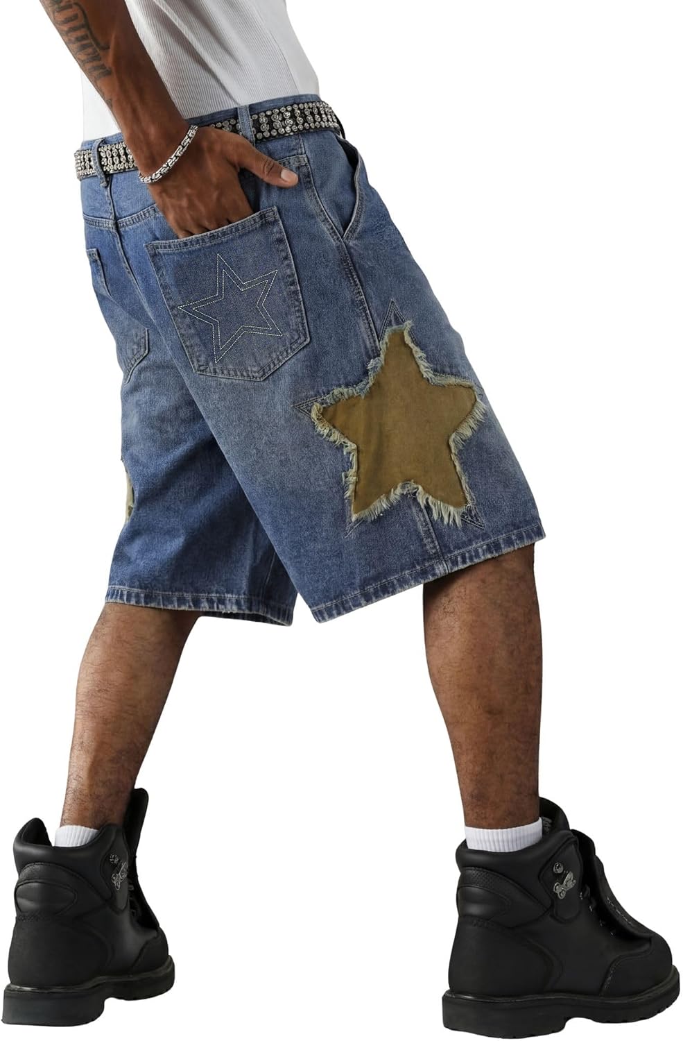 Vamtac Mens Star Patchwork Denim Shorts Mid Rise Casual Loose Summer Streetwear Baggy Jeans Jorts