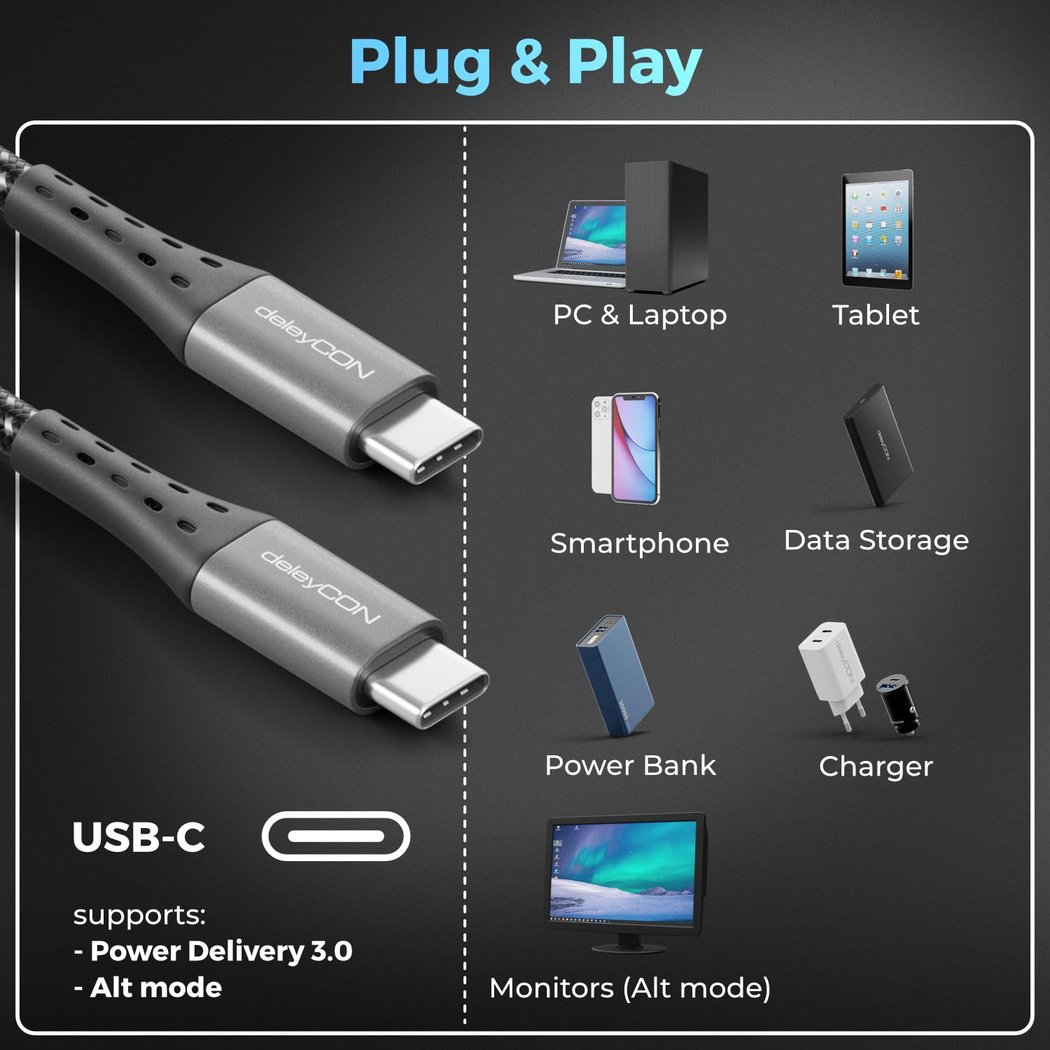 DeleyCON 240 W 20 Gbps Câble USB-C 0,15m (USB 3.2 Gen 2x2) PD 3.1 Câble