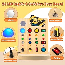 TINTECUSA Busy Board Montessori Toys for Toddler, Wooden Sensory Board Switch Toy with Shape Sorter LED Light Up Toys Educational Plane Travel Activity for Girls & Boys
