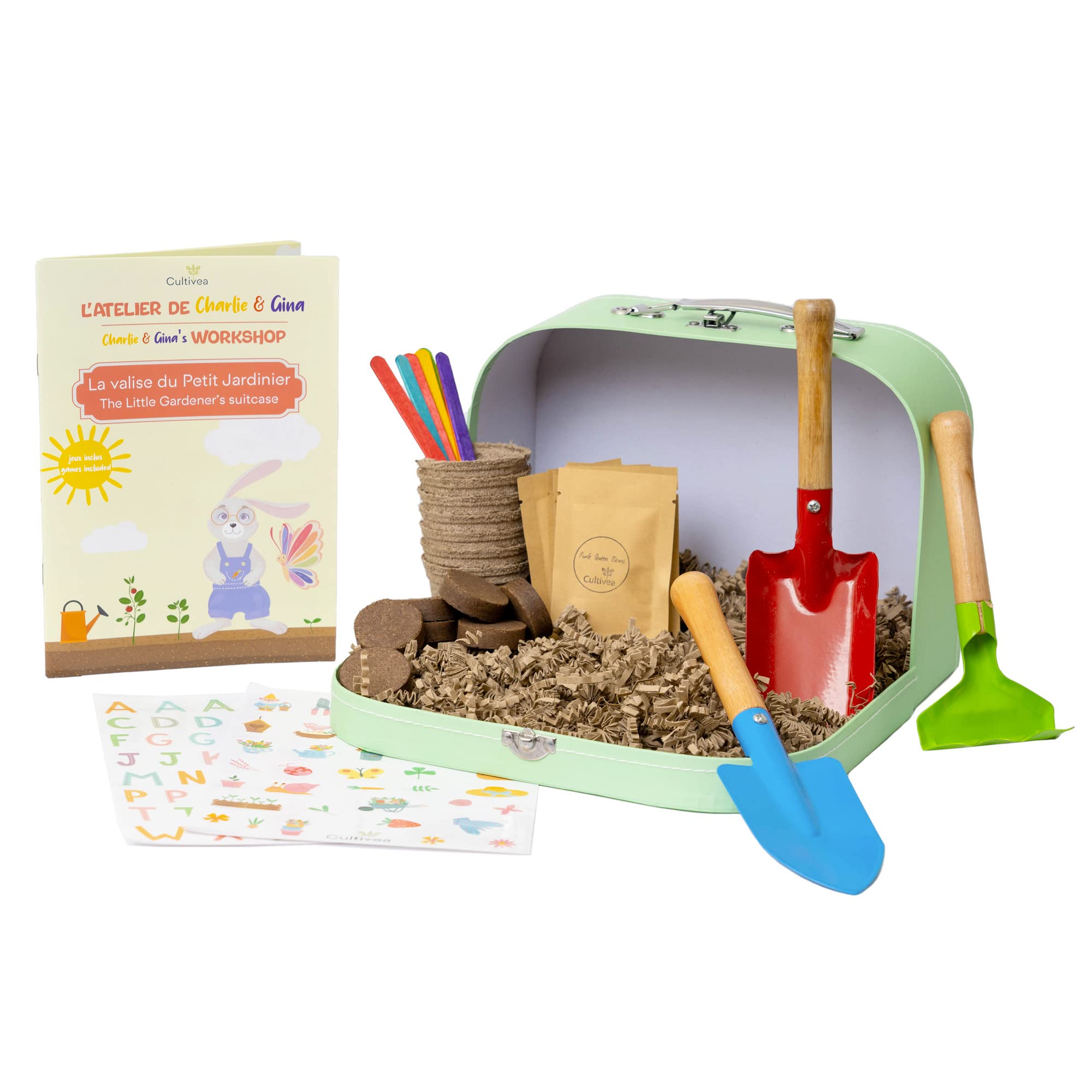 Cultivea® Pegatinas Valisette - Kit de Cultivo - Macetas - Semillas 100% ecológicas - Actividad Divertida - Ideal para Regalar a los niños (Tomate, Lechuga, Fresa, Albahaca, Aciano, Judía, Rábano)