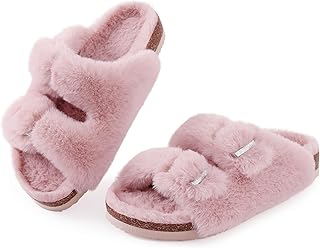 Fuzzy Slippers Women with Cork Footbed Fluffy Slides Open Toe Indoor House Shoes | Arch Support | Adjustable Buckles