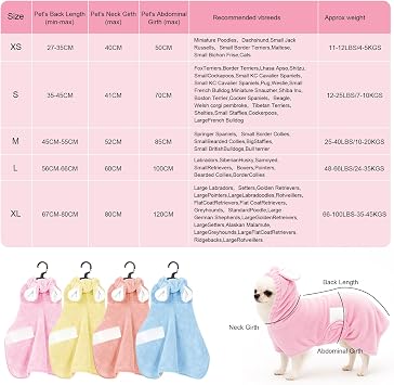 Pet Bathrobe Towel Dog Cat Drying Coat Super Absorbent Cute Dogs Bath Towel Hooded Robe Adjustable Collar & Belly Strap for XSmall to XLarge Pets (Pink, S)