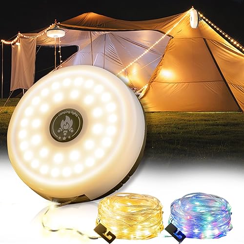 Miniatura 8 de Paquete de 2 Luces de Cadena para Acampar, Linterna de Campamento al Aire Libre 4 en 1 con 8 Modos de Iluminación (32.8 Pies), Recuperación Rápida