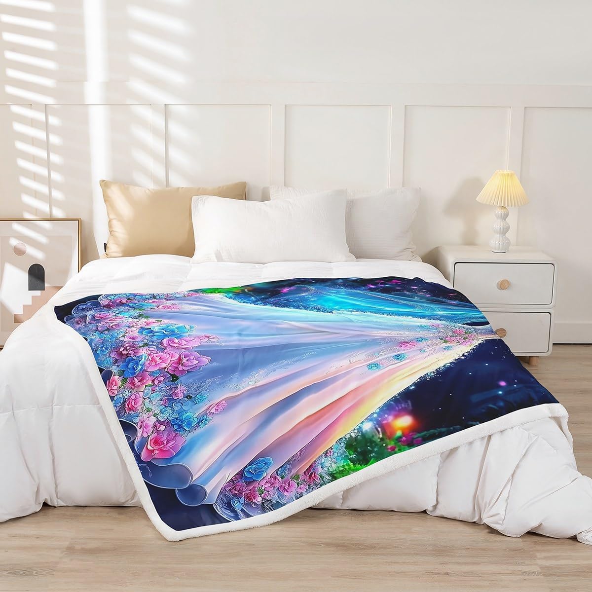 Erosebridal Girly Dress Blanket Twin Size, Romance Wedding Dress Throw Blanket for Sofa Couch,Blue and Pink Flowers Fleece Blankets Galaxy Starry Night Fuzzy Blankets Sherpa Flannel