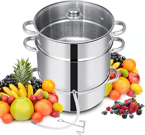 PETSITE Exprimidor de vapor de 11 cuartos de galón de acero inoxidable, olla extractora de vapor para conservas de frutas y verduras con tapa de