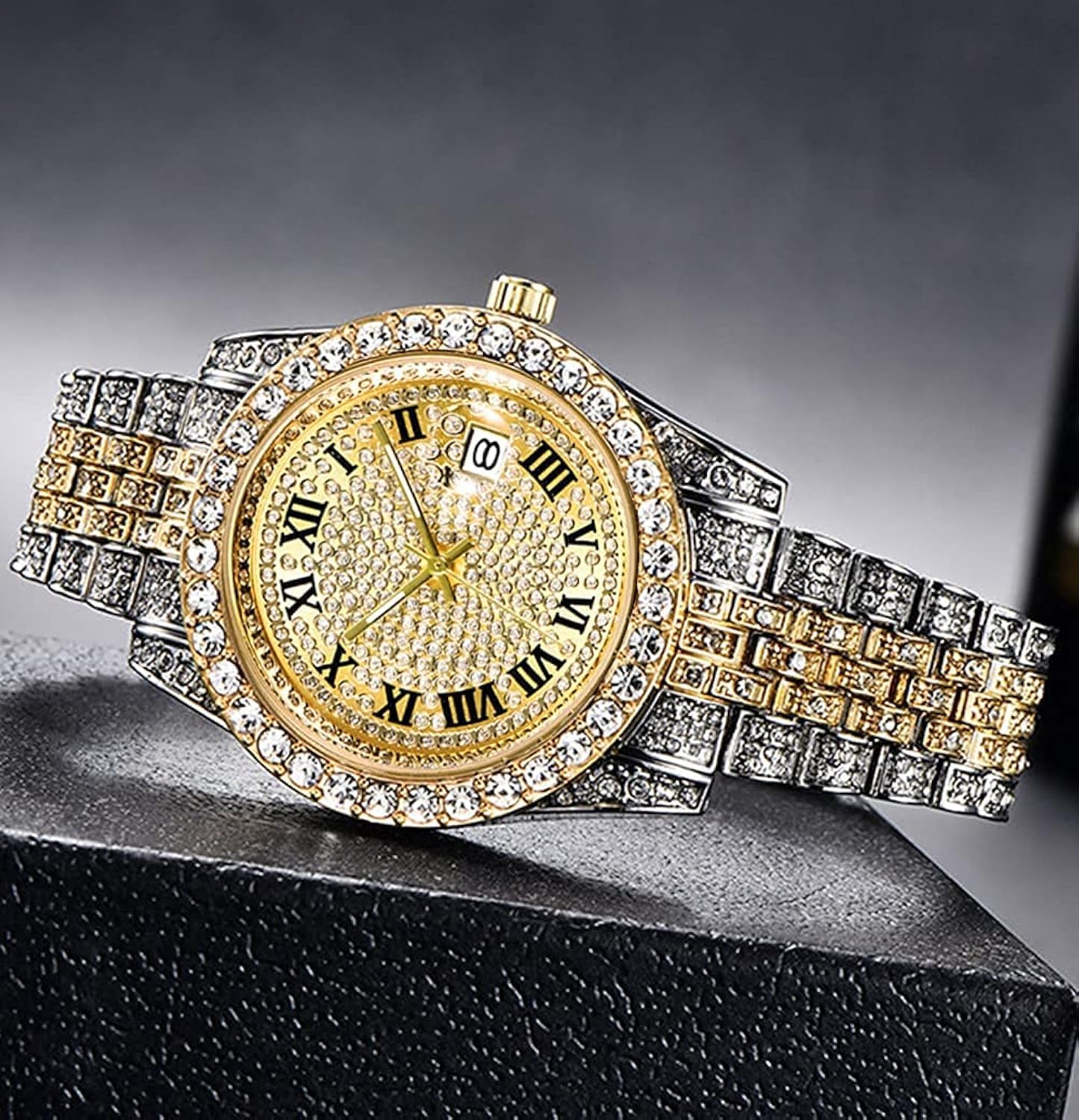 Hip Hop Watches for Men Iced-Out Bling Diamond Luxury Quartz Watches with Date